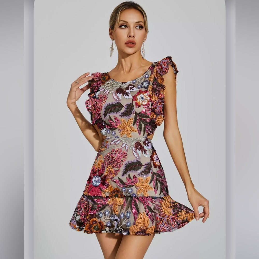 Catchall Sarai Brown Ruffle Floral Cutout Mini Dress Size Small